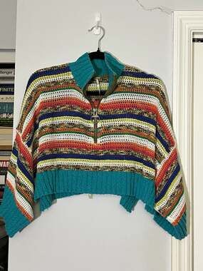 Free People Make Me Happy Striped Crochet Half-Zip Cropped Sweater